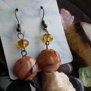 Orange Stone and Yellow Crystal Beaded Earrings